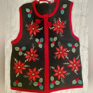 Christmas Zip Up Sweater Vest Poinsettas With Sequins Vintage Grannycore